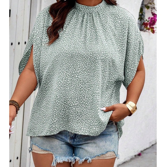 Plus Mock Neck Leopard Print Batwing Sleeve Blouse - Picture 6 of 6